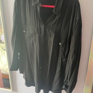 VINTAGE Black Button Down with Checkered Metal Buttons, SK Wear, Size L